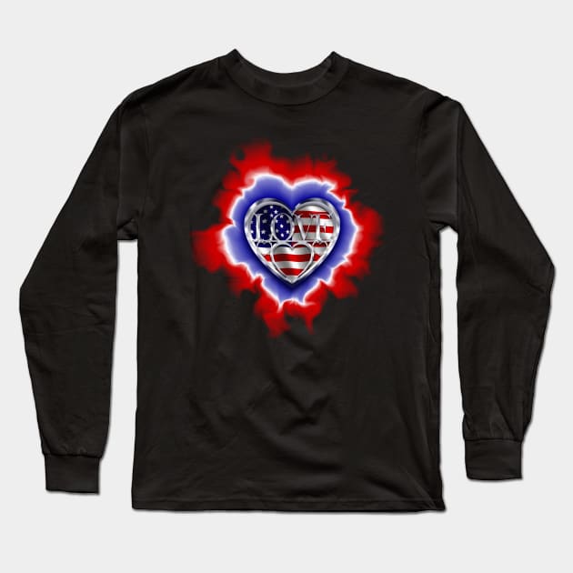 glowing heart within hearts American flag Long Sleeve T-Shirt by DrewskiDesignz